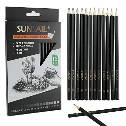 16Pcs Professional Drawing Sketching Pencil Set - Sunsail Art Drawing Graphite Pencils 14B, 12B, 10B, 8B,7B, 6B,5B, 4B, 3B, 2B, B, HB, F, H, 2H, 4H, Sketching, Shading for Beginners & Pro Artists
