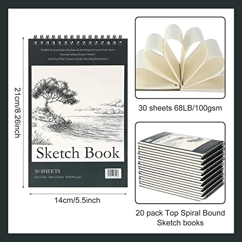 20 Pcs 5.5'' x 8.5'' Top Spiral Bound Sketch Pad 30 Sheet Each(68lb/100gsm), Sketching Drawing Pad Artist Sketch Pad Kids Drawing Paper Art Sketchbook for Charcoal Graphite Painting Writing Supplies