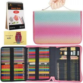 78pcs Drawing Kit Sketching Set Art Supplies with 3-Color Sketchbook Colorful Portable Case Colored Graphite Charcoal Watercolor Mettallic Pencil sketch draw gift set for Artist Adult Beginner
