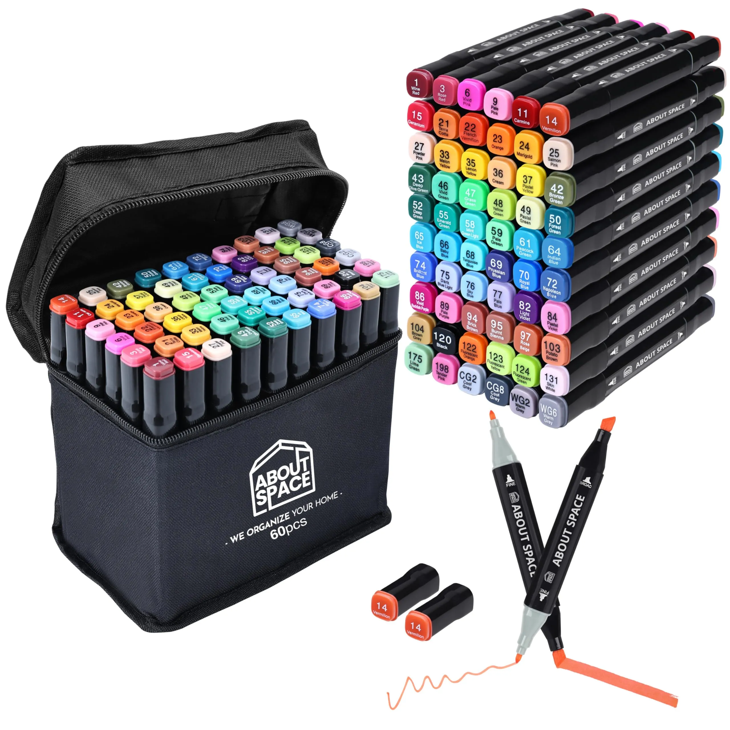 ABOUT SPACE Dual Tip Art Markers 60 Colours With Carrying Case For Painting Sketching Calligraphy Drawing Odorless&Non Toxic Twin Head Permanent Colouring Markers For Kids Adult Beginners|Assorted