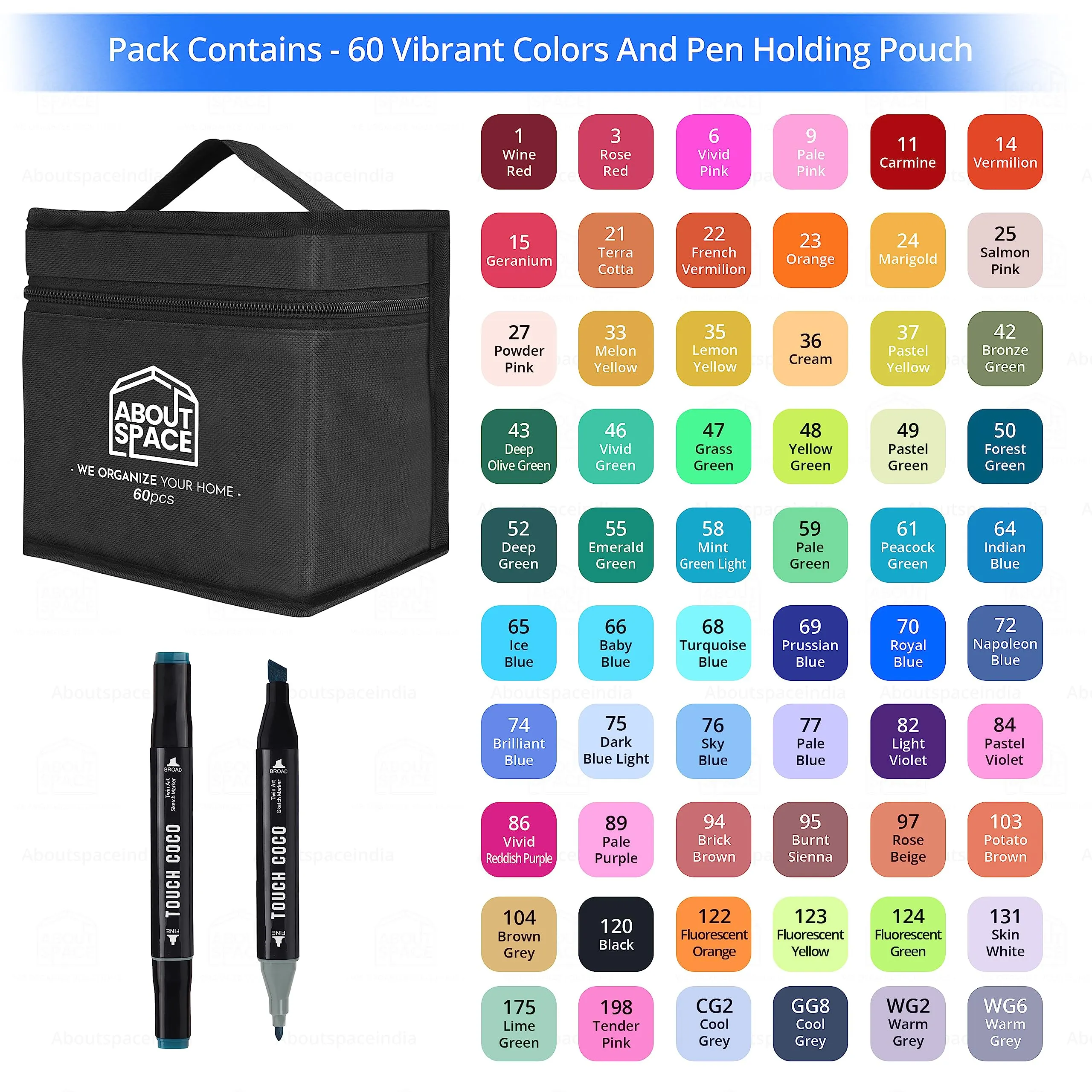 ABOUT SPACE Dual Tip Art Markers 60 Colours With Carrying Case For Painting Sketching Calligraphy Drawing Odorless&Non Toxic Twin Head Permanent Colouring Markers For Kids Adult Beginners|Assorted