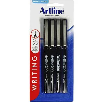 Artline 200 Fineliner Pen 0.4Mm Black Pack 4