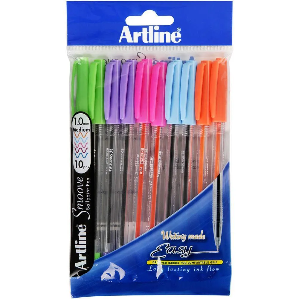 Artline Smoove Ballpoint Pen Medium Bright Assorted Pack 10
