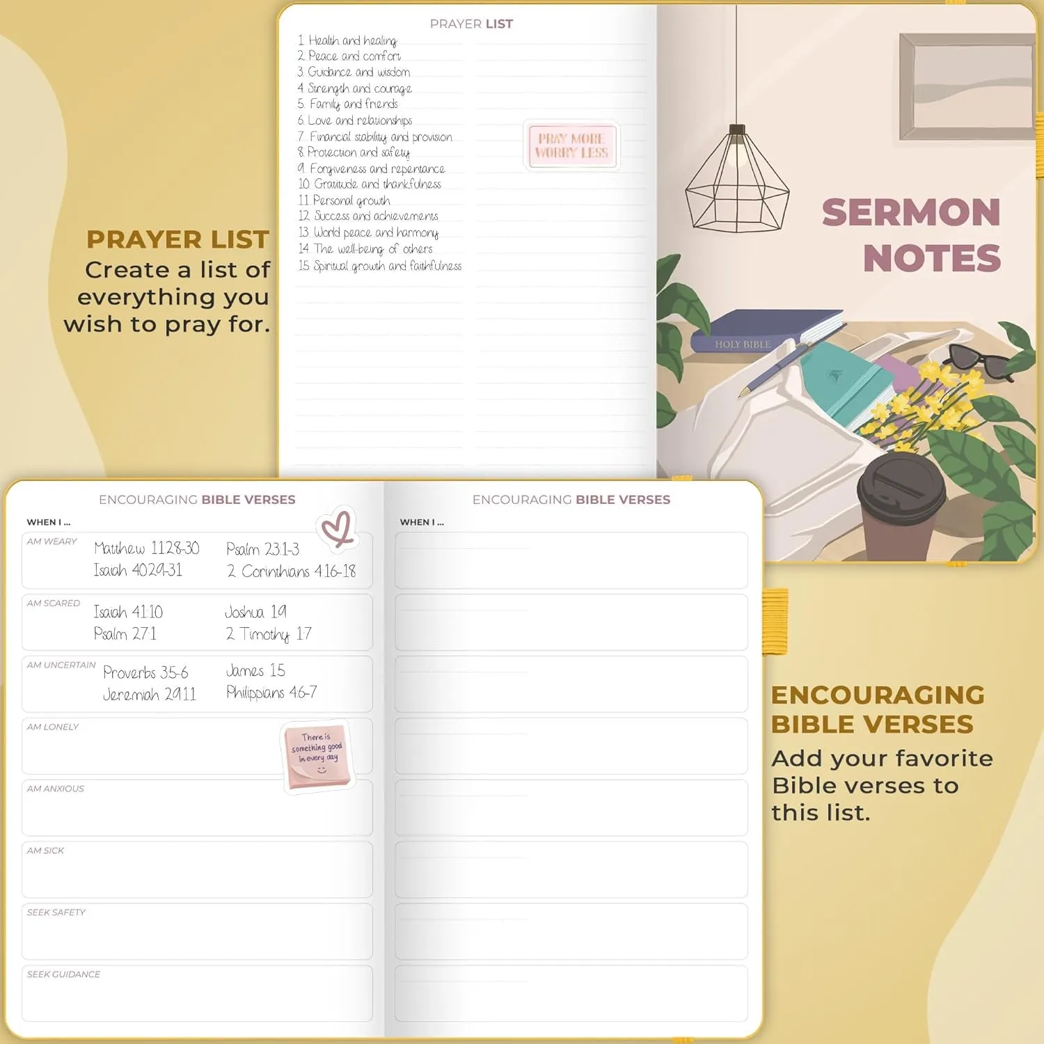 Bible Study Journal – Church Notes Notebook – Note Taking & Journaling Kit – Faith Based Religious Gifts & Accessories (Amber Yellow)