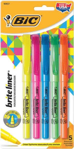 BIC Brite Liner Highlighters, 5-Pack Assorted