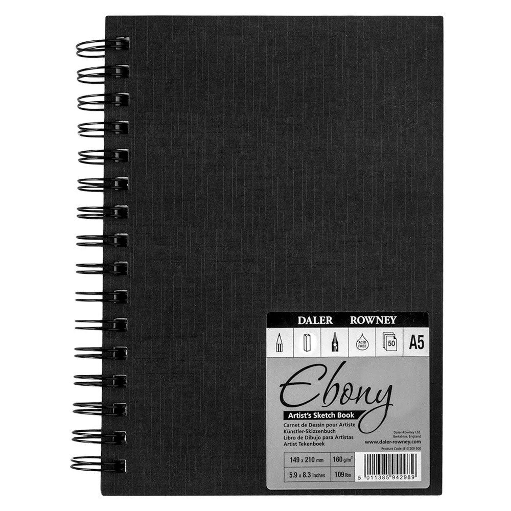 Daler Rowney Ebony Spiral Portrait Book Black 40sht 180gsm acid free A5