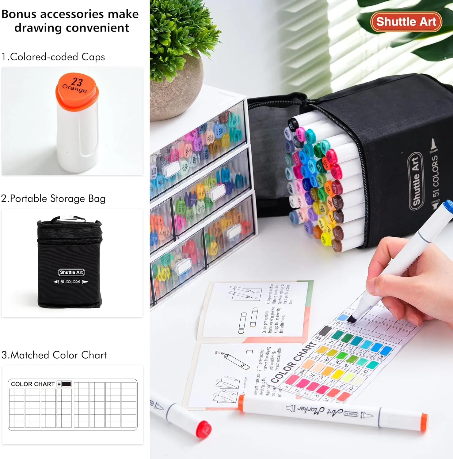 Dual Tip Brush & Chisel Tip Art Marker - Set of 50 Colors plus 1 Blender