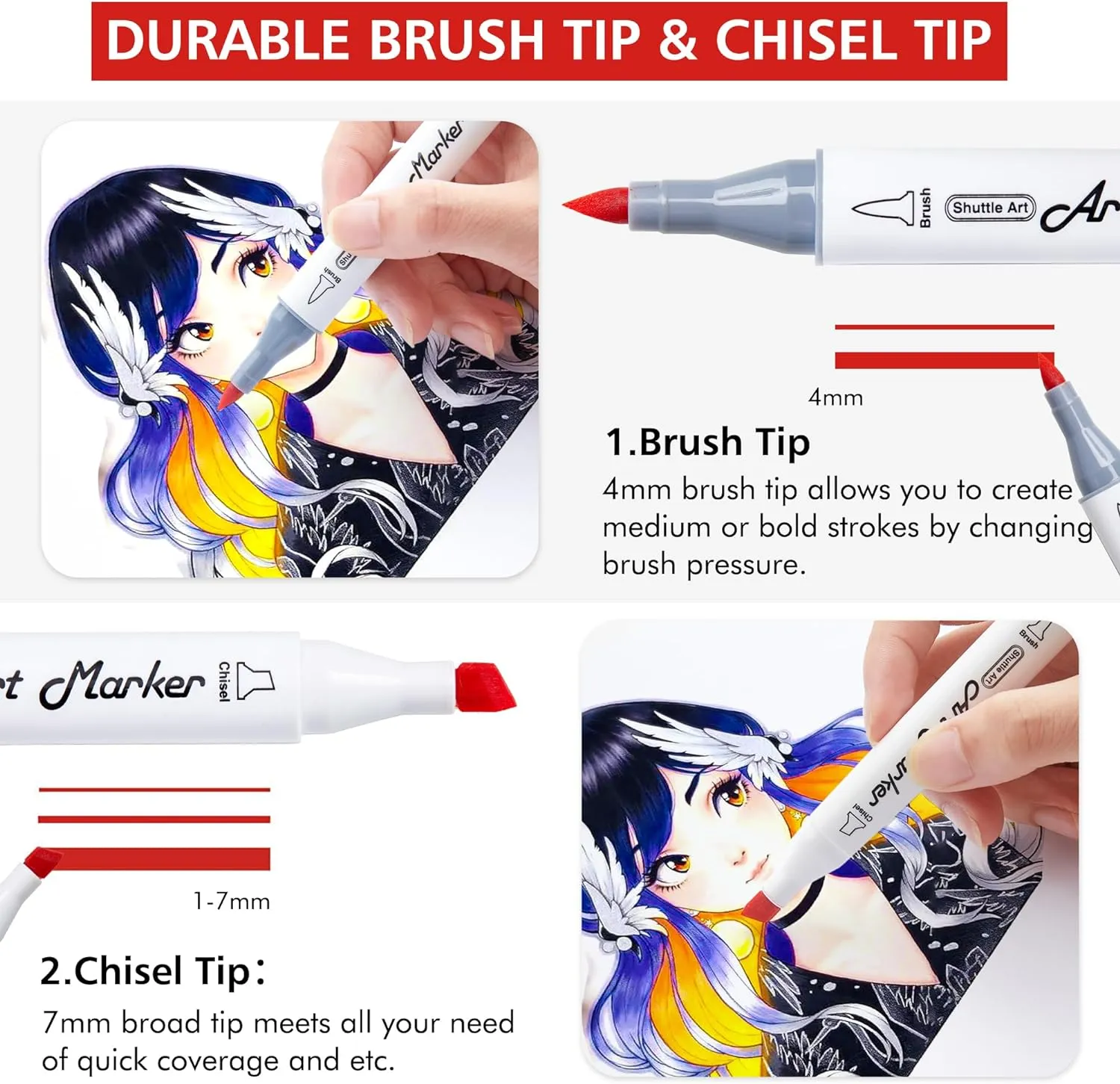 Dual Tip Brush & Chisel Tip Art Marker - Set of 50 Colors plus 1 Blender