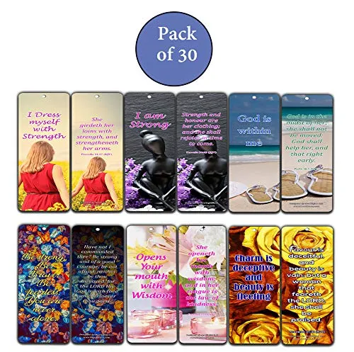 Feminine Strength Scripture Bookmarks (30 Pack) - Handy Life Changing Bible Texts and Quotes That Are Very Uplifting Perfect for Daily Devotional for Women