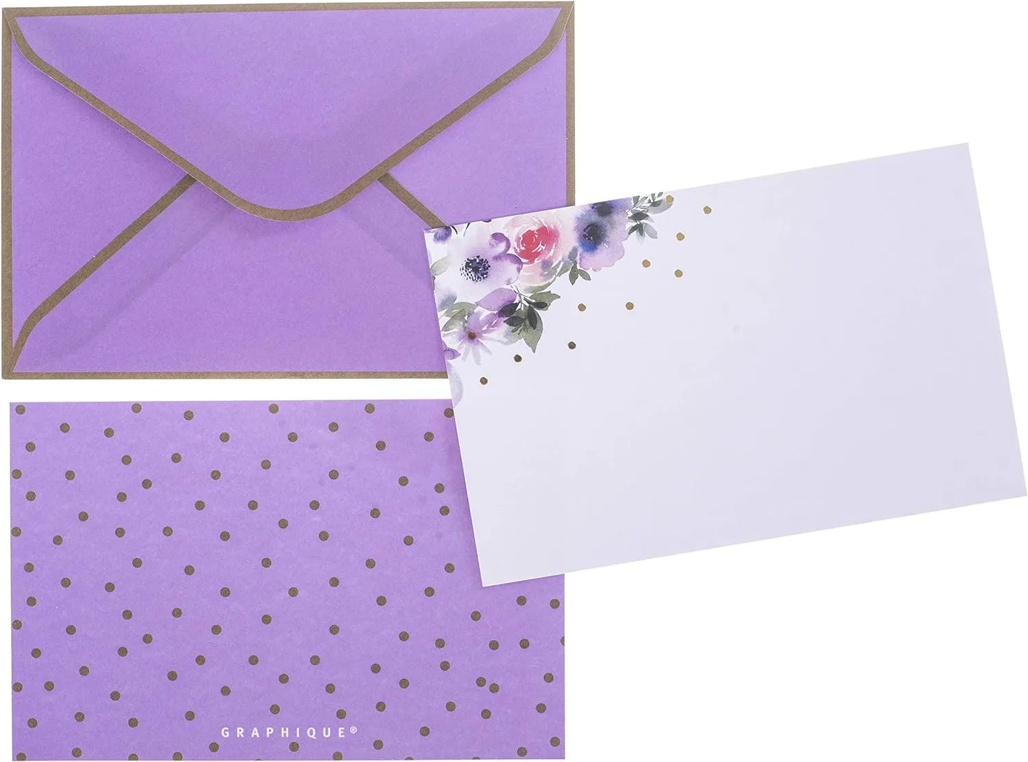 Graphique Watercolor Flowers Flat 50 Pcs Notes And Envelopes Colorful Floral Design Embellished With Gold Foil