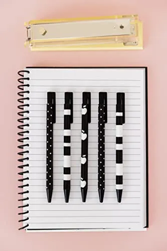 Kate Spade New York Black Ink Pen Set of 5, Cute Plastic Click Pens, Dots and Stripes