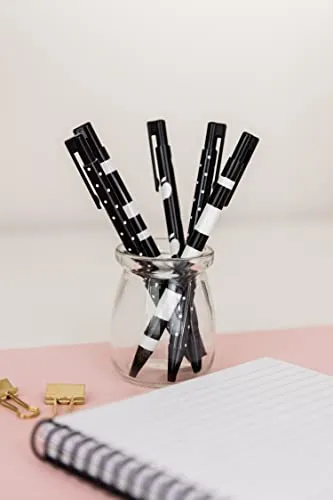 Kate Spade New York Black Ink Pen Set of 5, Cute Plastic Click Pens, Dots and Stripes