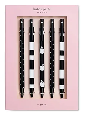 Kate Spade New York Black Ink Pen Set of 5, Cute Plastic Click Pens, Dots and Stripes