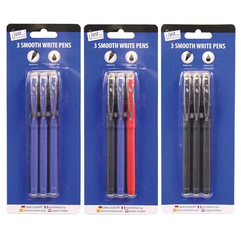 Luxury Smooth Write Pens - 3 Pack Assorted Ink Ballpoint Fine Tip Writing