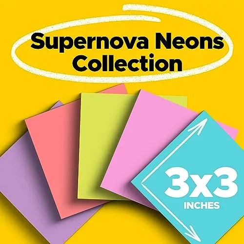 Post-it Super Sticky Notes, 24 Note Pads, 3x3 in., 2x the Sticking Power, School Supplies and Office Products for Vertical Surfaces, Monitors, Walls & Windows, Supernova Neons Collection