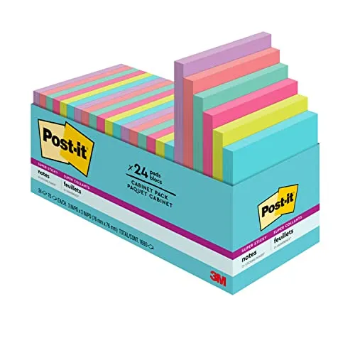 Post-it Super Sticky Notes, 24 Note Pads, 3x3 in., 2x the Sticking Power, School Supplies and Office Products for Vertical Surfaces, Monitors, Walls & Windows, Supernova Neons Collection