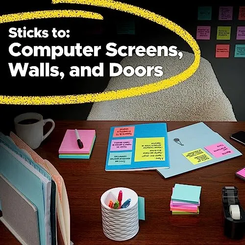 Post-it Super Sticky Notes, 24 Note Pads, 3x3 in., 2x the Sticking Power, School Supplies and Office Products for Vertical Surfaces, Monitors, Walls & Windows, Supernova Neons Collection
