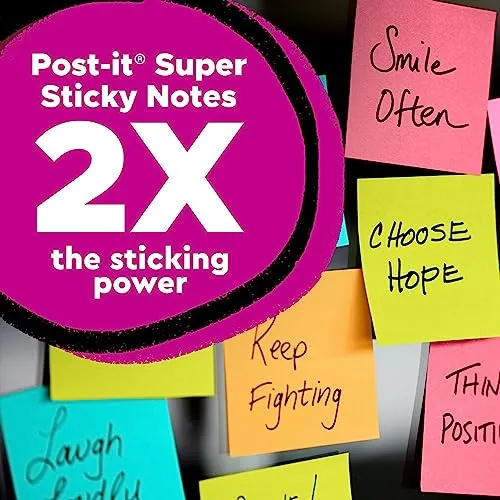 Post-it Super Sticky Notes, 24 Note Pads, 3x3 in., 2x the Sticking Power, School Supplies and Office Products for Vertical Surfaces, Monitors, Walls & Windows, Supernova Neons Collection