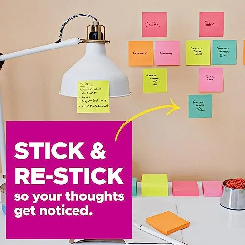 Post-it Super Sticky Notes, 24 Note Pads, 3x3 in., 2x the Sticking Power, School Supplies and Office Products for Vertical Surfaces, Monitors, Walls & Windows, Supernova Neons Collection