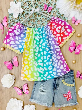 Rainbow Leopard Fiesta Patched Denim Shorts Set