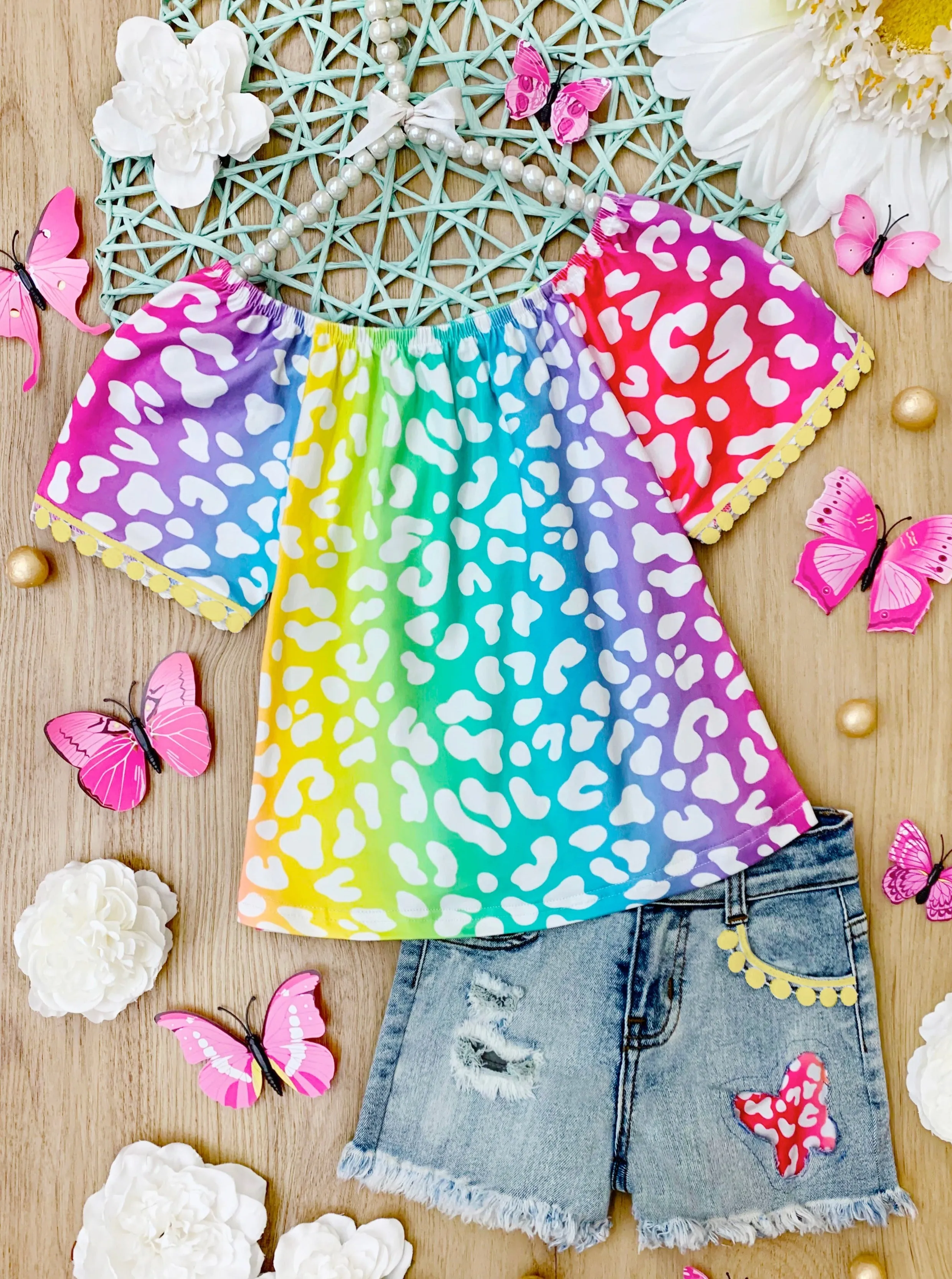 Rainbow Leopard Fiesta Patched Denim Shorts Set