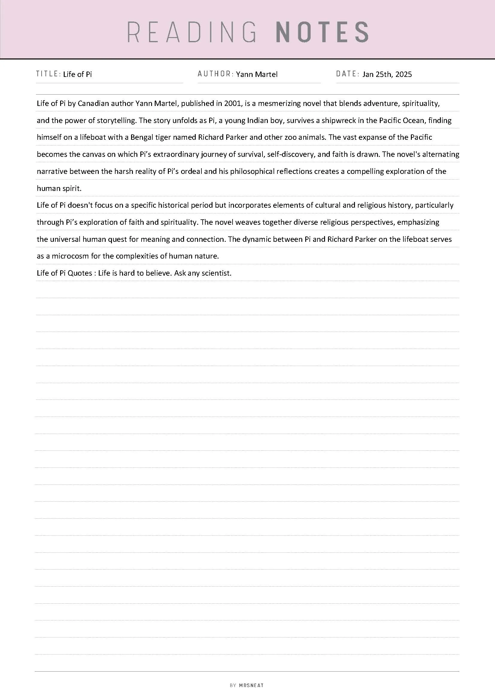 Reading Notes Template Printable - M231