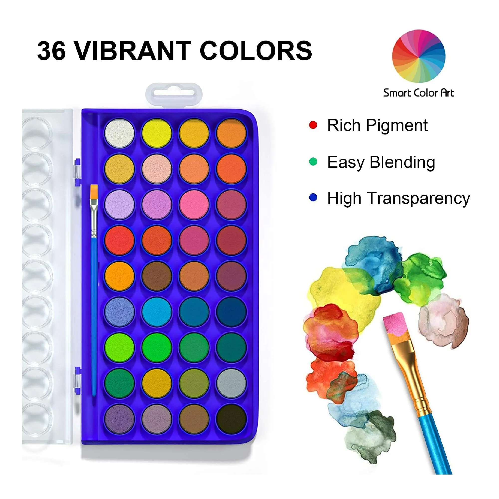 Smart Color Art Set Of 36 Watercolor Trays | Watercolor Paint Set With 4 Brushes