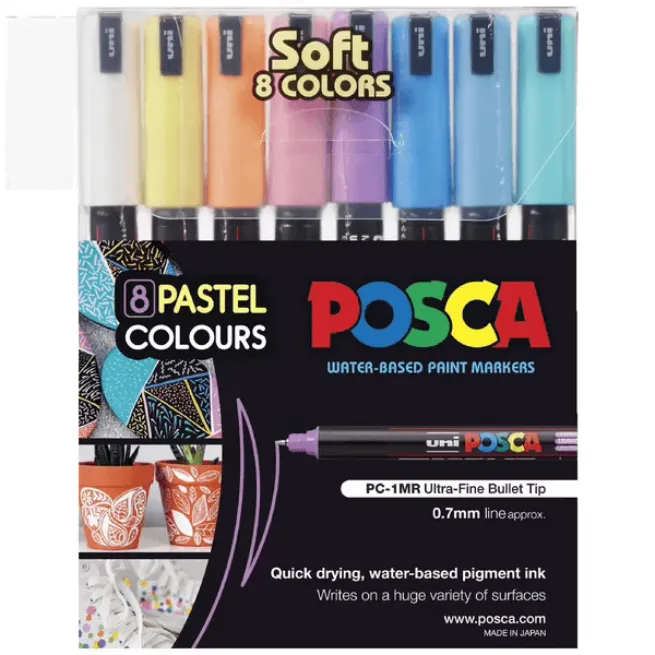 Uni PC-1MR Posca Poster Marker Ultra Fine Round Tip 0.7mm Pastel Colours 8 Pack