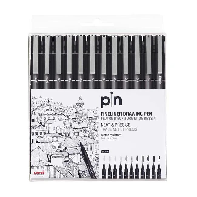 Uni Pin Fineline Permanent Drawing Set 12 Piece