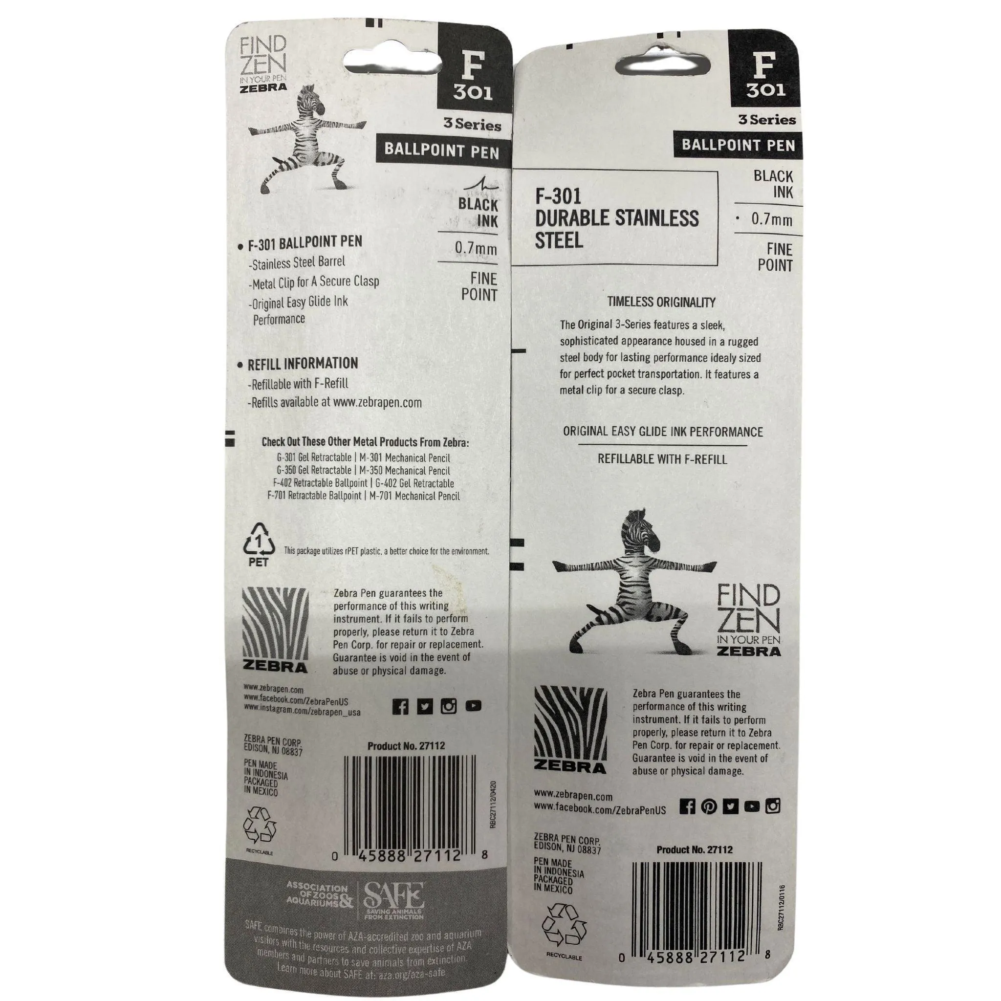 Zebra F 301 Ballpoint Pen Black ink 0.7mm Fine Point (50 Pcs Lot)